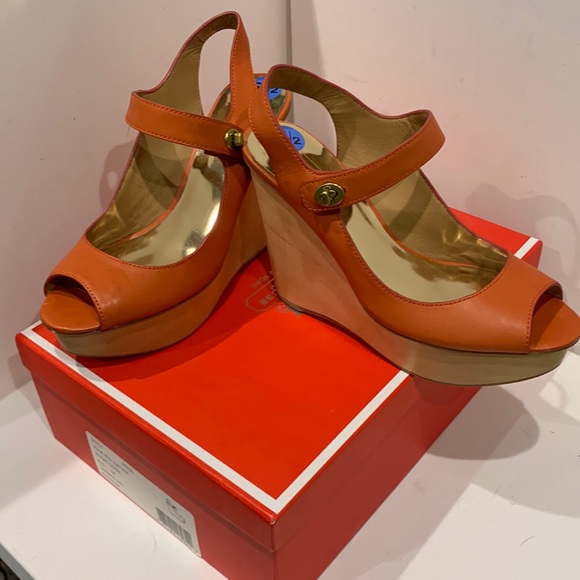 NWB - NEW Coach 🍊 Platform Sandal Wedge Aqua Veg Leather Shoe Tangerine Orange - Picture 1 of 15